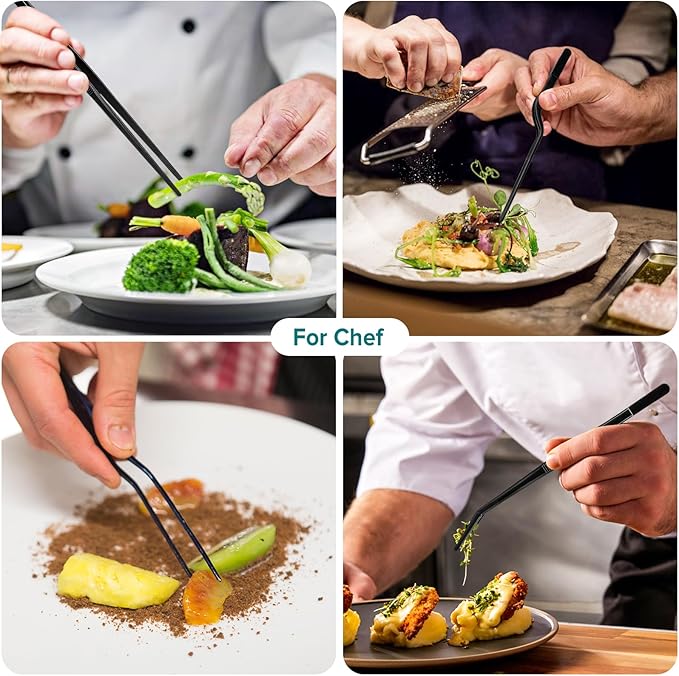 Kitchen Tweezer Tongs Set,6 Pcs Kitchen Tweezers,8" Cooking Tweezers Set,Stainless-Steel Food Chef Culinary Tweezers Tongs for Baking Decorating Feeding Plating,Black