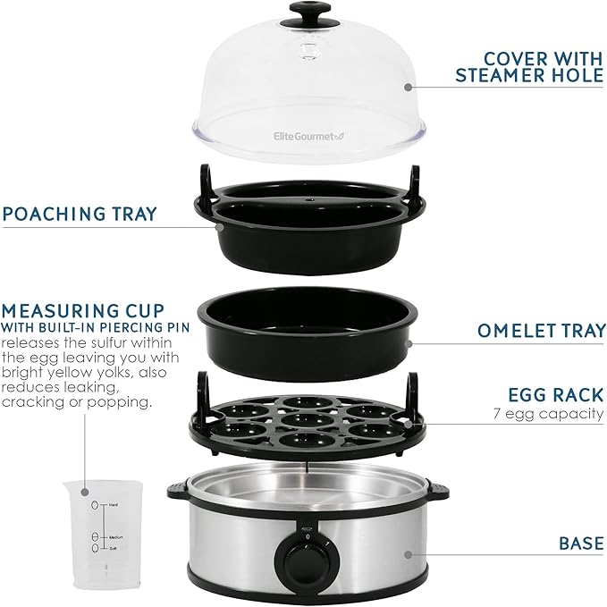 Elite Gourmet EGC648 Easy Electric Poacher, Omelet Eggs & Soft, Medium, Hard-Boiled Egg Boiler Cooker with Auto Shut-Off and Buzzer, Measuring Cup Included, BPA Free, Stainless Steel 7 Egg