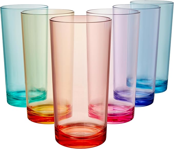 US Acrylic Classic Plastic Reusable Drinking Glasses (Set of 6) 24oz Iced Tea Cups Assorted Colors | BPA-Free Tumblers, Made in USA | Top-Rack Dishwasher Safe