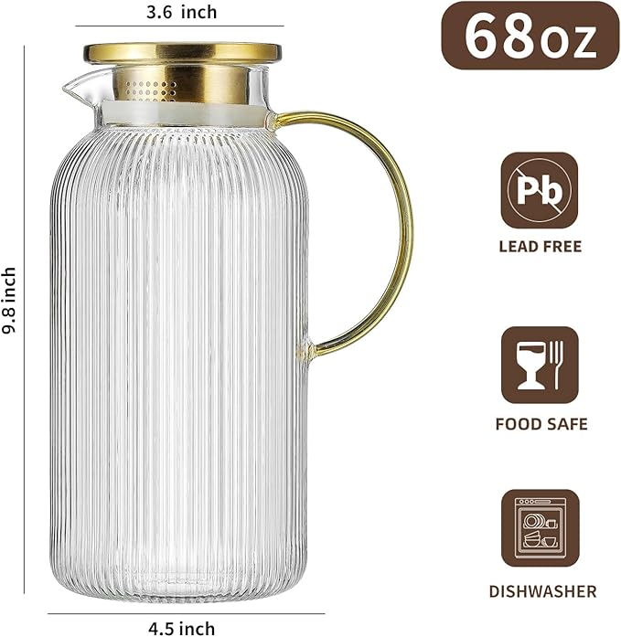 2 PACK Glass Pitcher with Lid, 68 oz/ 2 Liter Classic Vertical Stripes Water Pitcher with Yellow Handle,Glass Water Carafe for Cold Brew, Coffee, Lemonade, Iced Sun Tea,Beverage,Heat Resistant