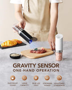 Sangcon Gravity Electric Salt and Pepper Grinder Set with Dust Cover, Battery Operated(4 AAA), Large Capacity, Adjustable Coarseness, One Hand Automatic Salt and Pepper Shakers Set Mill with LED Light