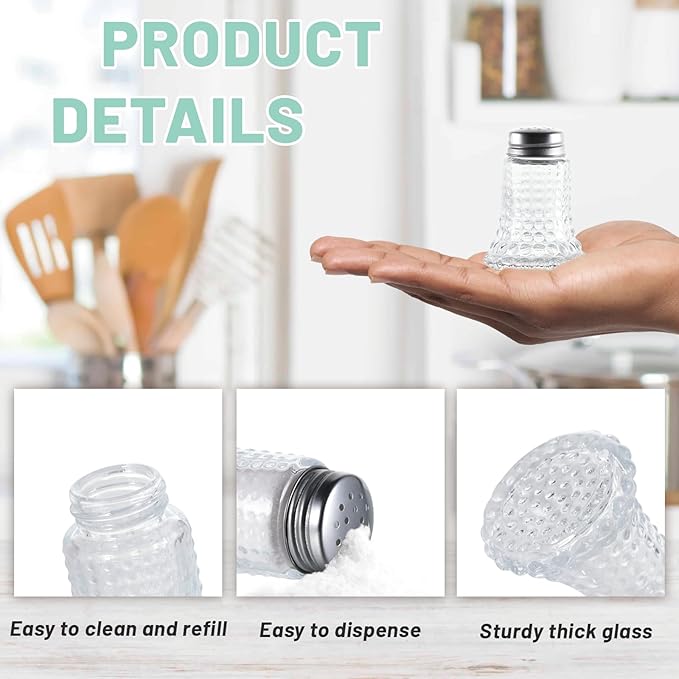 Salt and Pepper Shaker Glass Set, Retro Style Spice Shakers for Dining Room Table, Kitchen, Restaurant, Set of 2 (Hobnail)