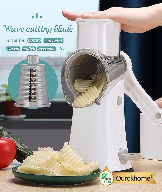 Ourokhome Rotary Cheese Grater Shredder, Multifunction 5 in 1 Kitchen Manual Speed Round Mandolin Food Slicer Vegetable Shooter Potato Hashbrown Grinder for Nut, Carrot, Radish, Cucumber, White
