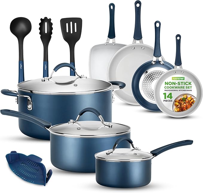 NutriChef 14-Piece Navy Blue Nonstick Cookware Set - Durable Pots and Pans Set with Lids & Utensils, Compatible with All Cooktops
