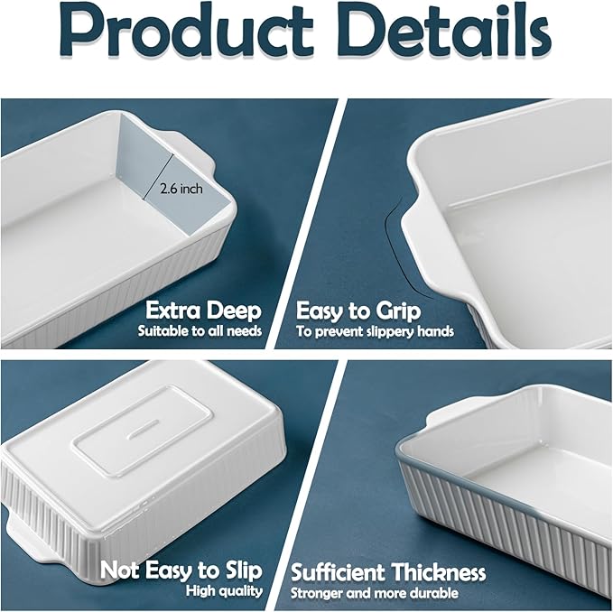 Casserole Dishes for Oven 9x13,2 Pack Ceramic Baking Dish Large & Deep,4.2 QT Casserole Dish Set with Handles Durable Bakeware for Lasagna, Roasts, Cake Cooking, Lasagna Pan Sets Nonstick-Microwave Safe