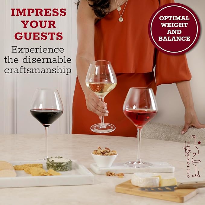 Gusto Nostro Crystal Wine Glasses Set of 6, 22 Oz Long Stem Modern Wine Glasses for White and Red Wine, Dishwasher Safe, Fancy, Elegant, Large and Tall Wine Glass for Wedding Christmas Anniversary