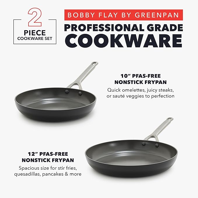 GreenPan x Bobby Flay 10” & 12” Hard Anodized Ceramic Nonstick Frying Pan Set, PFAS-Free, Induction Compatible Skillets, Oven & Broiler Safe to 600˚F, Dishwasher Safe, Black