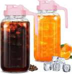 Mason Jar Pitcher, 64 OZ Breast Milk Pitcher Double Leak Proof with Pour Spout Handle, Wide Mouth Iced Tea Pitcher for Fridge, Creamer Container for Coffee, Sun Tea juice (Pink,2 Pack)
