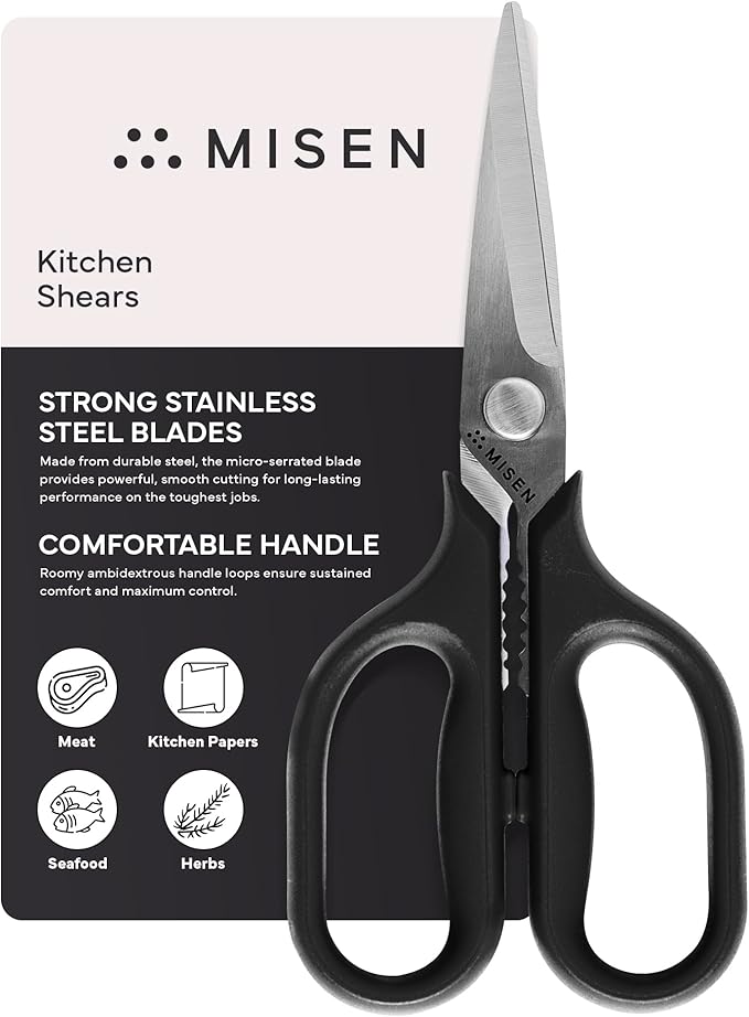 Misen Heavy Duty Kitchen Shears - Comfortable Ambidextrous Scissors for Meat, Poultry, Herbs & More - Easy to Clean - German Stainless Steel - Small | Black
