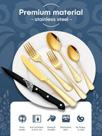 EUIRIO 24-Piece Gold Silverware Set with Steak Knives, Stainless Steel Flatware Set for 4, Mirror Gold Cutlery with Unique Floral Laser, Includes Spoons, Forks, Knives, Dishwasher Safe
