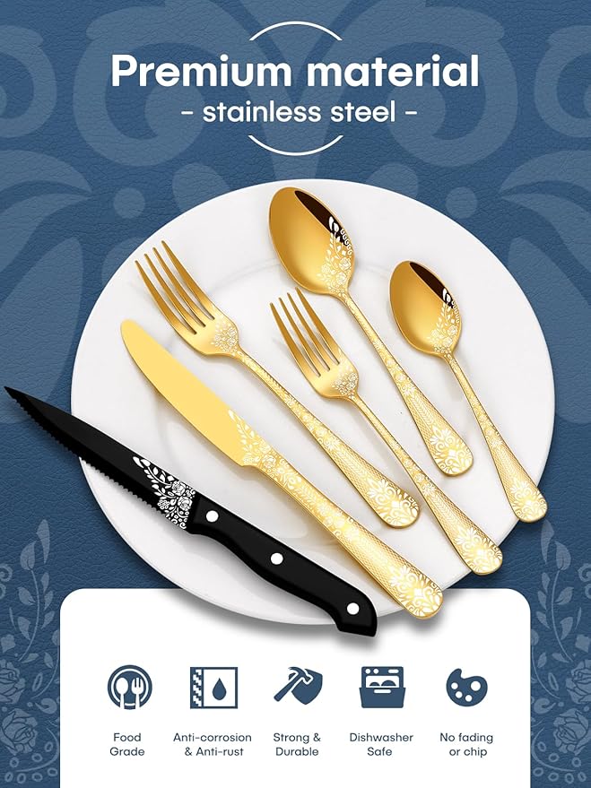 EUIRIO 24-Piece Gold Silverware Set with Steak Knives, Stainless Steel Flatware Set for 4, Mirror Gold Cutlery with Unique Floral Laser, Includes Spoons, Forks, Knives, Dishwasher Safe
