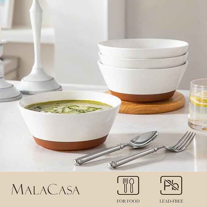 MALACASA Soup Bowls, Ceramic Salad Bowls Set of 4, 35oz Ceramic Bowls for Ramen, Cereal, Fruit and Pho, Microwave & Dishwasher Safe, Speckled Deep Bowls, Vanilla White & Brown