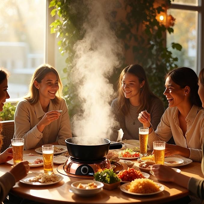 Artestia Swiss Design 2-QT Electric Fondue Pot for Meat, 1500W Ceramic Chocolate Melting Pot with Adjustable Temperature, 6 Fondue Forks, White Ceramic Pot with Rose-Gold Base (Black)