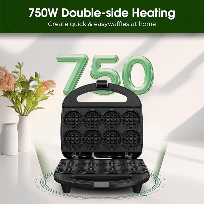 Mini Waffle Maker for Kids, Make Bite-Sized 8 * 2" Tiny Waffles, Great for Breakfast, Snacks, Desserts and More