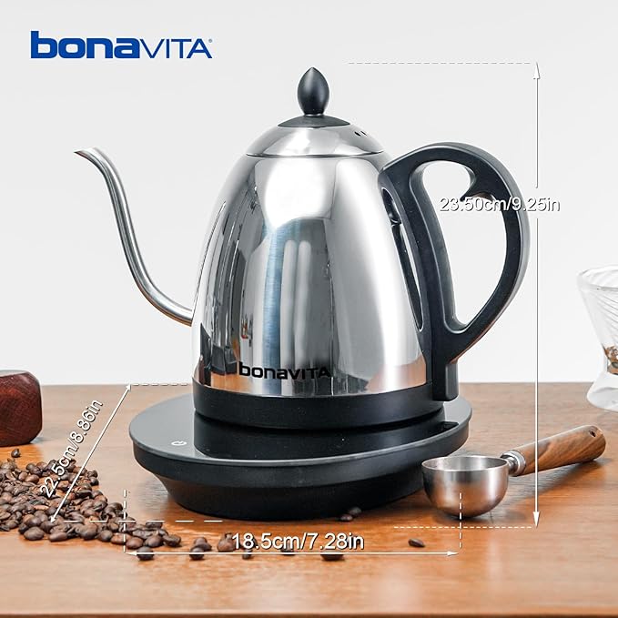 Bonavita Cosmopolitan 1.0L Gooseneck Electric Kettle, Stainless Steel Water Boiler for Coffee Brew and Tea Precise Pour Control, 6 Preset Temps, Glass Touch Panel, 1200W Fast Boil, Mirror Polished
