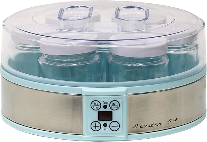 Studio 54 Yogurt Maker Machine with 7 Reusable Glass Jars (6oz Each), Probiotic Greek Yogurt Maker with Precise Time & Temperature Controls, Retro Blue Digital Yogurt Maker