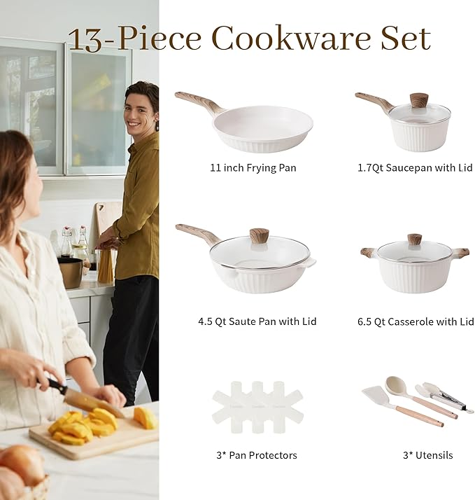 13-Piece Nonstick Pots and Pans Set – Granite Stone Kitchen Cookware Set, PFOA-Free – Includes Frying Pans, Saucepans, Sauté Pan – Induction Compatible, White