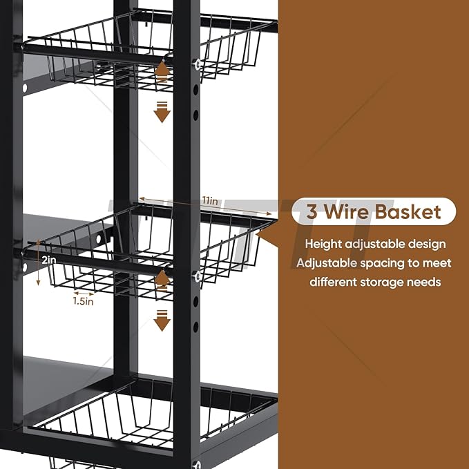 Kitchen Storage Bakers Rack with Wheels - Adjustable 4-Tier Microwave Stand with Storage Shelves, Kitchen Rack with 3 Wire Baskets,Microwave Stand, Metal Kitchen Cart for Pantry, (Black)