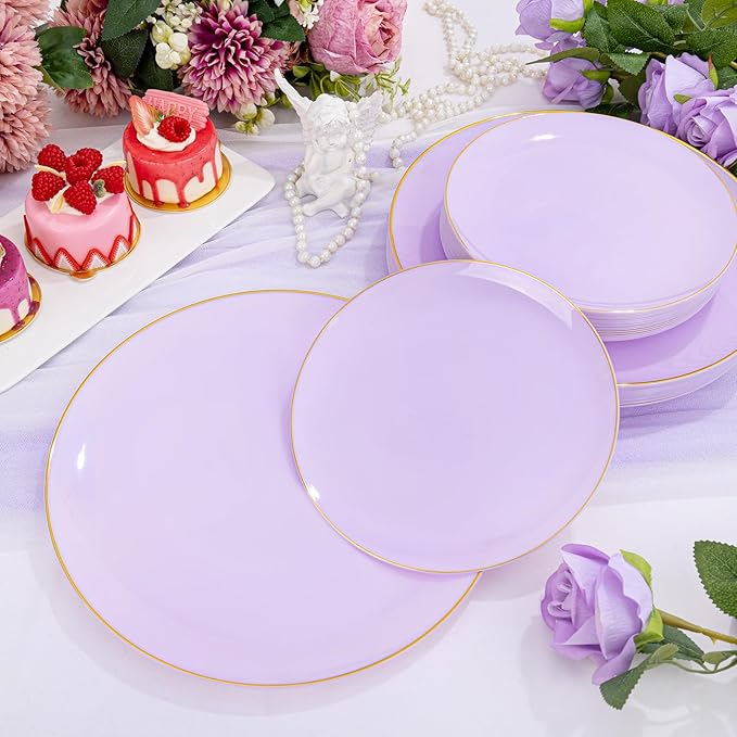 PULOTE 100PCS Purple Plastic Plates Disposable - Include 50 Dinner / 50 Dessert Plates Heavy Duty for Party, Wedding&Easter