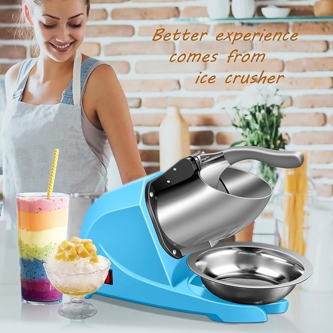Ice Shaver, Electric Shaved Ice Machine，4-blades Ice Shaver Machine,200lbs/hr ice crusher with Ice Pick for Home and Commercial Use（Blue）