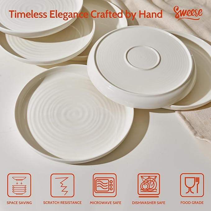 Sweese Porcelain Dinner Plates Set of 6, 10.5 Inch Dish Set - Dishwasher, Microwave, Oven Safe, Scratch Resistant, Kitchen Serving Dishes - White
