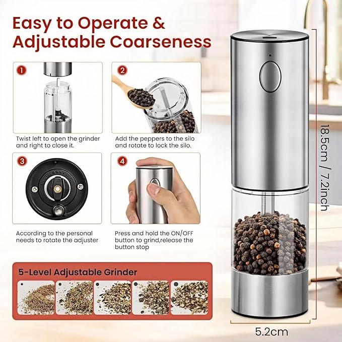 Electric salt and pepper grinder set with LED light. With USB port. Stainless steel automatic refillable 5 adjustable coarseness grinder