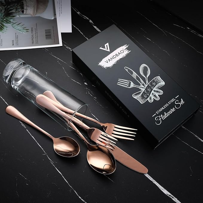 VANDBAO Coppery Flatware Cutlery Silverware Set 20 Pieces, Stainless Steel Colorful Utensils, Tableware Set Service for 4, Include Knife/Fork/Spoon, Reusable, Mirror Polished, Dishwasher Safe
