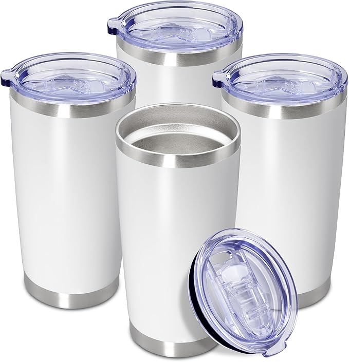 20 oz Tumbler Coffee Tavel Tumblers Bulk with Lid Stainless Steel Double Wall Vacuum Insulated Mug Powder Coated Cups fit Car Cupholder for Hot and Cold - White, 4Pack
