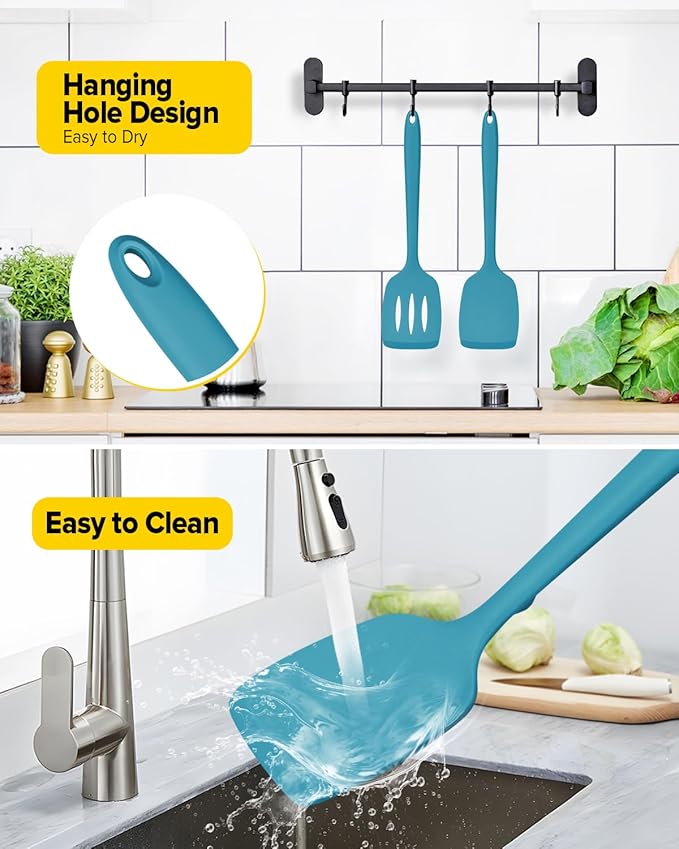 Pack of 2 Silicone Spatula Turners, Non Stick Slotted Kitchen Spatula Set, Heat Resistant BPA Free Kitchen Utensils, One-Piece Design, Suitable for Flipping Fish, Eggs, Steak, Pancakes(BLUE)