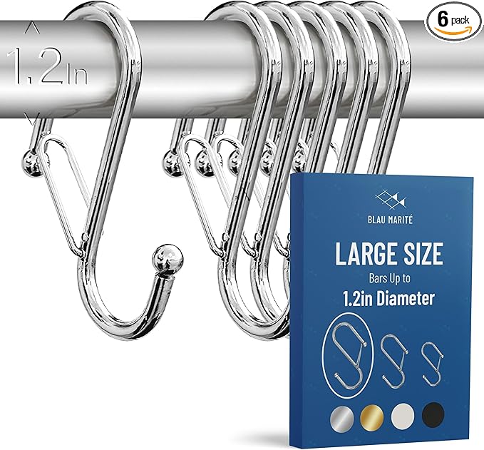 6-Pack Metal S Hooks for Hanging – Heavy-Duty S-Shaped Hook with Safety Buckle – Fits Bars up to 1.2 in – Anti-Drop S-Hooks for Closet, Wardrobes & Storage – Silver (Large)