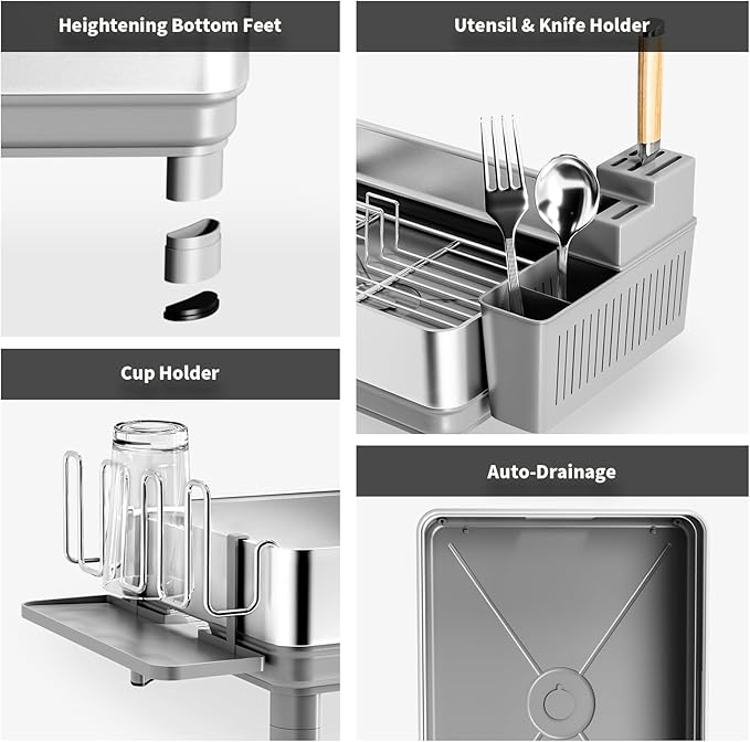 Dish Drying Rack, 304 Stainless Steel Dish Racks for Kitchen Counter, Dish Drainers with Automatic Drainage, Utensil Holder & Cups Holder, Space Saving Kitchen Organizer, Gray
