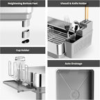 Dish Drying Rack, 304 Stainless Steel Dish Racks for Kitchen Counter, Dish Drainers with Automatic Drainage, Utensil Holder & Cups Holder, Space Saving Kitchen Organizer, Gray