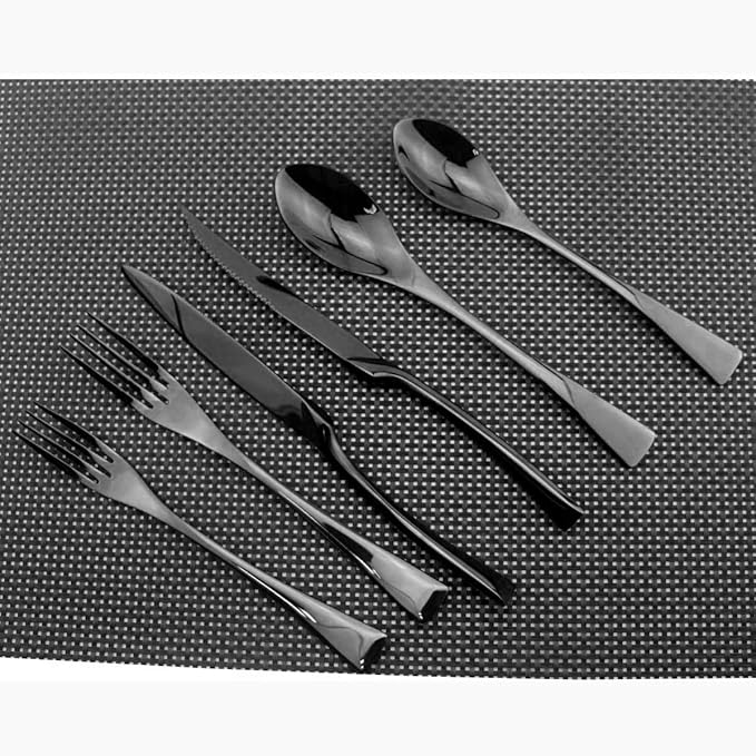 Flatware Set 18/10 Stainless Steel Mirror Polished Black Cutlery - Silverware Utensil Set of Serrated Steak Knife Dinner Fork Knife Spoon Salad Fork Dessert Spoon,24 Piece Service for 4
