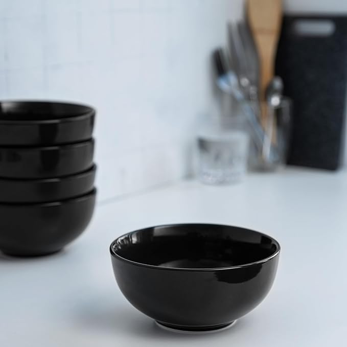 KooK Soup Bowls, Cereal Bowl, Ceramic, Bowls for Kitchen, Microwave, Dishwasher and Freezer Safe, Porcelain Dishes for Pasta, Salad, Oatmeal, Deep Interior, 20 oz, Set of 6, (Black)