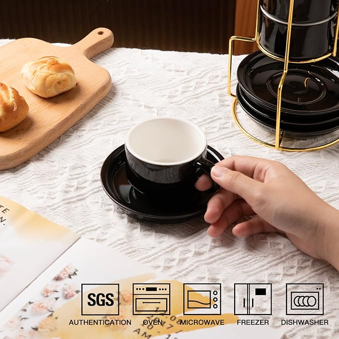 Sweejar Porcelain Espresso Cups with Saucers, 4 Ounce Stackable Cappuccino Cups with Metal Stand for Coffee Drinks, Latte, Tea - Set of 4 (Black Gold Stand)