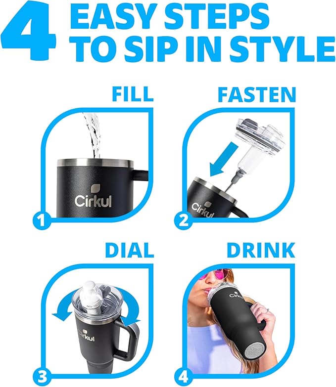 Cirkul 40oz Stainless Steel Insulated Tumbler Bundle in Carbon – Includes Flavor Cartridge Drink Mix Variety Pack, Zero Calories, No Sugar
