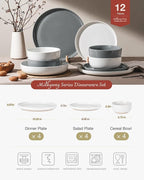 Famiware Milkyway Plates and Bowls Sets, 12 Pieces Stoneware Dinnerware Sets, Dishes Set for 4, White & Dark Gray