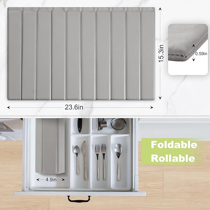 Stone Drying Mat for Kitchen Counter Foldable, Stain-Resistant PU Leather, Absorbent Diatomaceous Earth Bath Mat, Collapsible Quick Dry Stone Dish Drying Mat Large for Countertop 23" x 15.3"