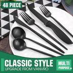 48 Pieces Matte Black Silverware Set with Steak Knives,Satin Finish tableware Cutlery Set,Black Flatware Set for Home and Restaurant,Knife Spoon And Fork Sets for ervice for 8