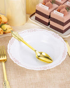 50 Pack White Plastic Bowls with Rose Gold Rim, 12oz Plastic Dessert Bowl, Bowls Disposable Heavy Duty for Hot Soup, Dessert, Salad, Cake, Ice Cream, Fruit