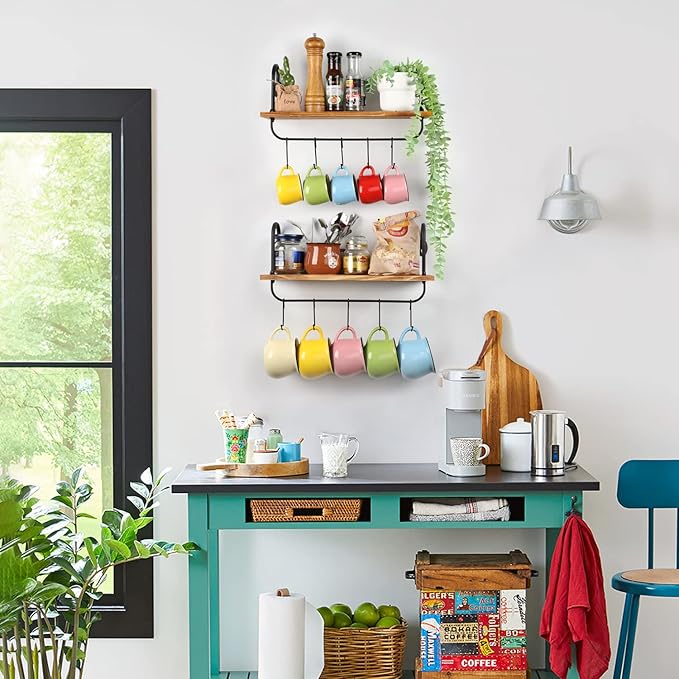 Olakee Floating Wall Shelves for Kitchen Bathroom Coffee Nook with 10 Adjustable Hooks for Mugs Cooking Utensils or Towel Rustic Storage Shelves Set of 2/17x5.9 inch (Carbonized Black)