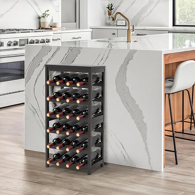 24 Botttle Wine Rack Freestanding Floor, 6 Tier Wine Rack Shelf with Table Top, Bamboo Wine Rack, Wine Storage Shelves Kitchen Bar Dining Room Living Room - Dark Brown