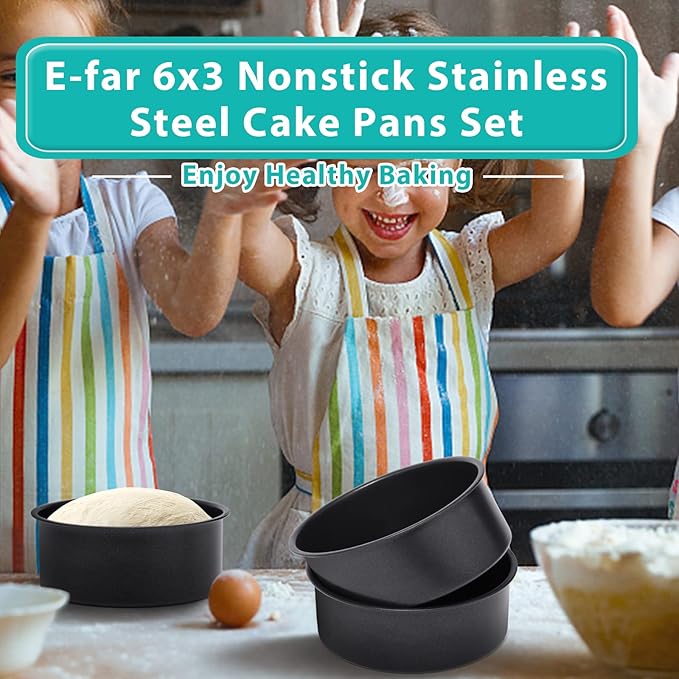 E-far 6 x 3 Inch Cake Pan Set of 2, Nonstick Stainless Steel Small Round Cake Pans Tin for Birthday Wedding, Stainless Steel Core & Non-toxic Coating, Deep & Straight Side