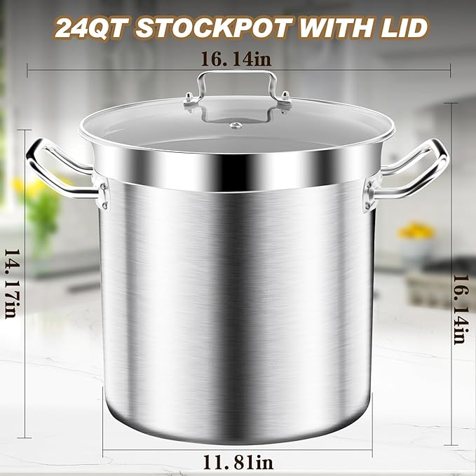 Large Stock Pot - 24QT Stainless Steel Stockpot with Lid, Heavy Duty Tri-Ply Bottom Commercial Grade Soup Pot for Cooking Soup, Stew, Pasta, Oven, Gas, Ceramic, Dishwasher Safe