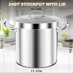 Large Stock Pot - 24QT Stainless Steel Stockpot with Lid, Heavy Duty Tri-Ply Bottom Commercial Grade Soup Pot for Cooking Soup, Stew, Pasta, Oven, Gas, Ceramic, Dishwasher Safe
