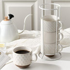 Large Ceramic Coffee Mug Set of 4 with Stand, 15 Oz Stackable Different Embossment Ribbed Latte Cup Set for Cappuccino, Tea, Hot Cocoa, Drinks - Dishwasher & Microwave Safe, Off White