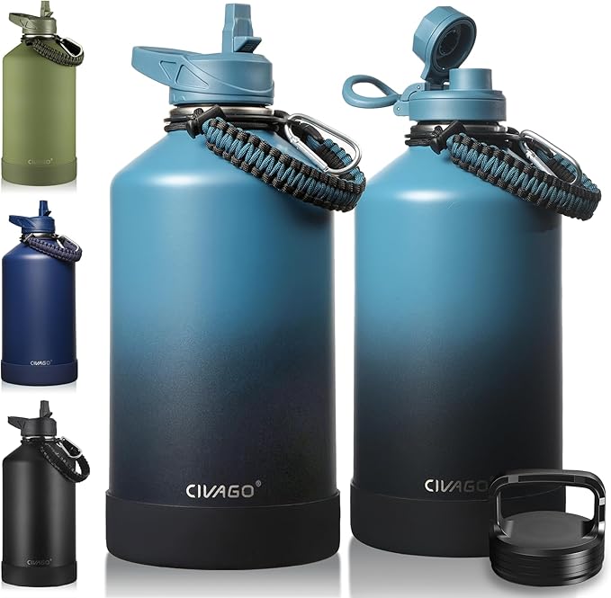CIVAGO Gallon Insulated Water Bottle Jug with Straw, 128 oz Large Stainless Steel Water Flask, Big Metal Thermal Mug with 3 Lids for Sports, Travel, Gym, and Camping, Indigo Black