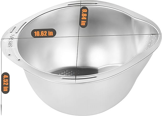 Rice Washer Strainer Bowl, Stainless Steel Washing Bowl, Quinoa Colander Versatile Side Drainers for Cleaning Rinsing Fruits, Vegetables, and Beans - Multifunctional Drain Basket