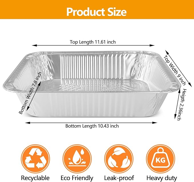 9x13 Aluminum Pans, Heavy Duty Disposable Aluminum Foil Pans, 10 Pack Disposable Pans, Thickened Disposable Trays Half Size Tin Pans Foil Baking Tray for Cooking, Meal Prep, Baking, Roasting, Chafing