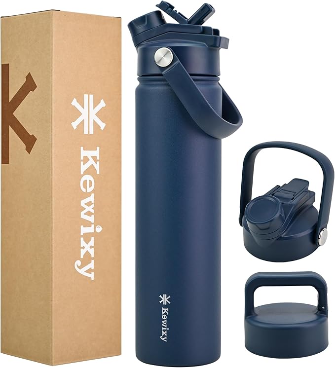 24 oz Insulated Water Bottle, 2-in-1 Lid, Straw & Spout with Protected, Leak Proof, Keep Cold, Stainless Steel, Metal, Reusable, Handle, for Travel, Gym and School, 2 Lids, Denim Blue